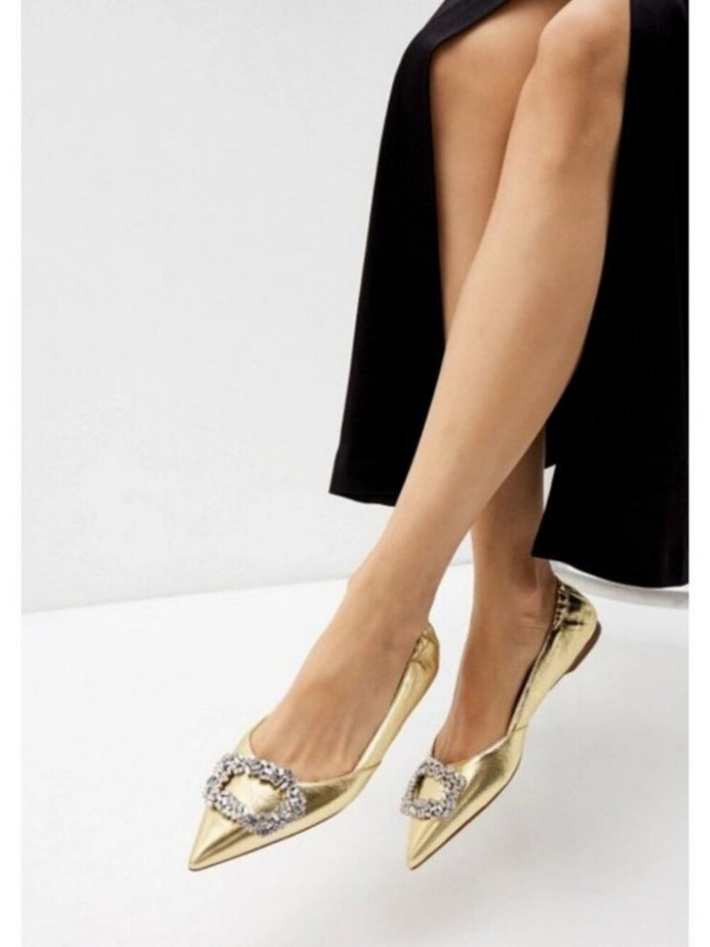 Rupert Sanderson Crystal Buckle Ballet Flats Platinum Nappa Gold Size 38